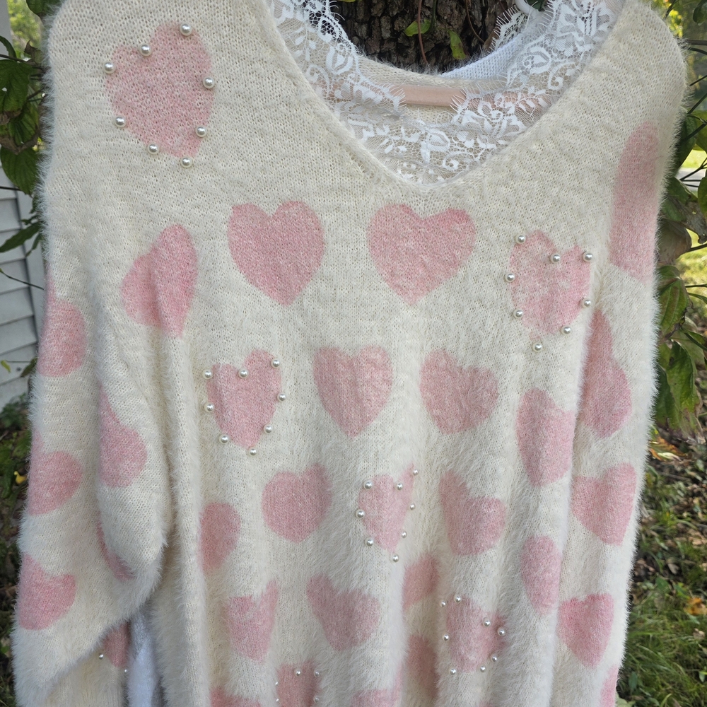 Charming Cream and Pink Heart V-Neck Sweater